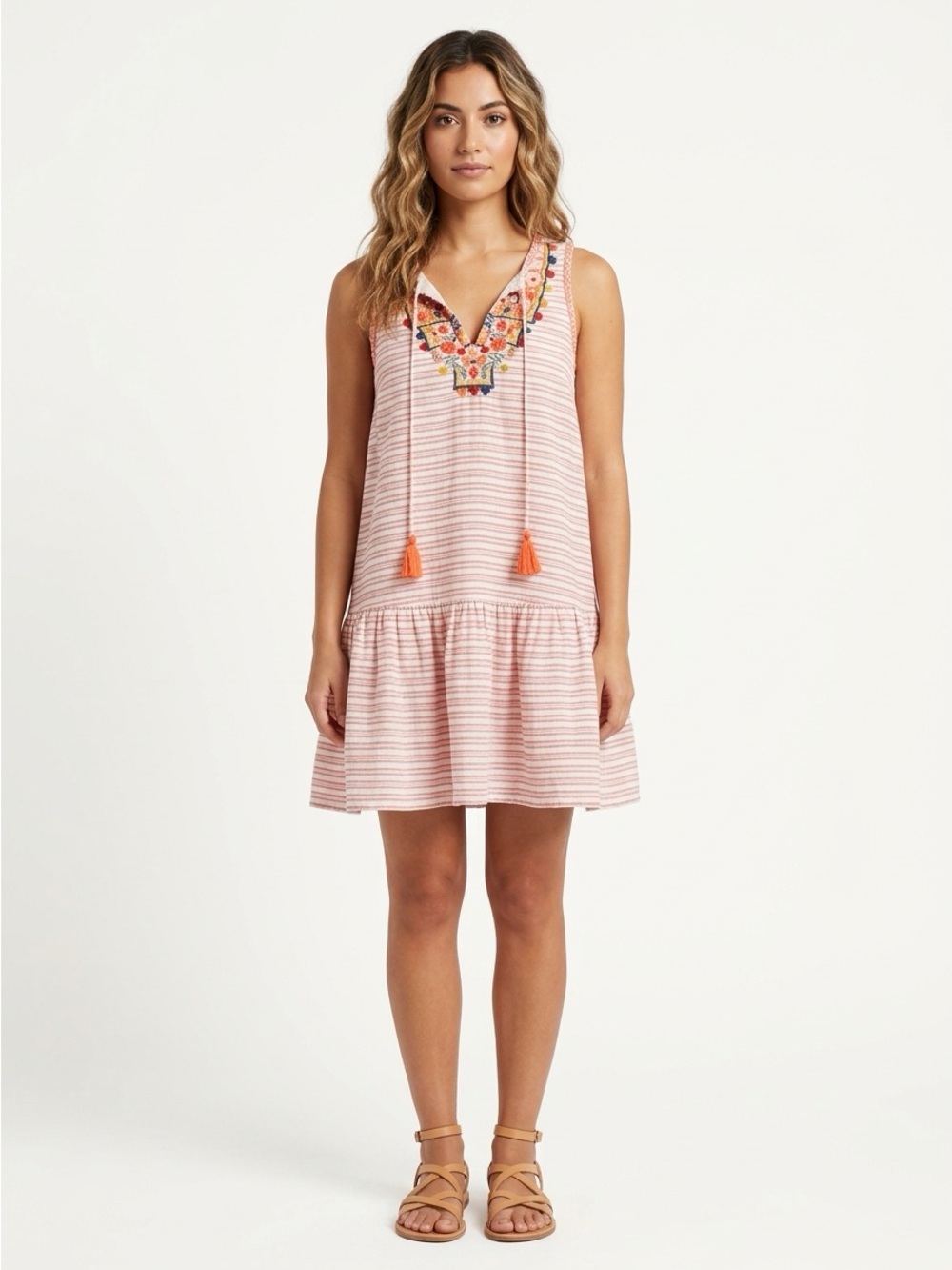 Beachlunchlounge Drop Waist Dress Embroidered Striped Linen Pink Small